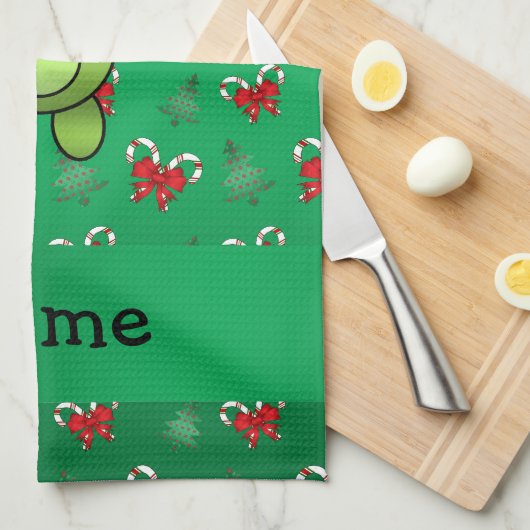 パーソナライズな一流のカエルの緑のキャンディ・ケーンの弓 キッチンタオル (四つ折り)