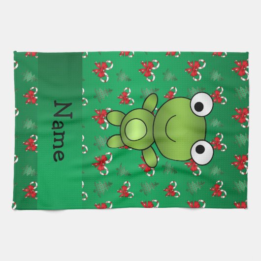 パーソナライズな一流のカエルの緑のキャンディ・ケーンの弓 キッチンタオル (横)