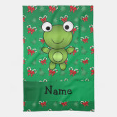 パーソナライズな一流のカエルの緑のキャンディ・ケーンの弓 キッチンタオル (縦)