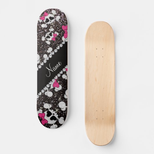 パーソナライズな一流のグリッターの黒のスカルのピンクの弓 スケートボード (正面)