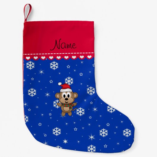 パーソナライズな一流のサンタ猿の青の雪片 スモールクリスマスストッキング (正面)