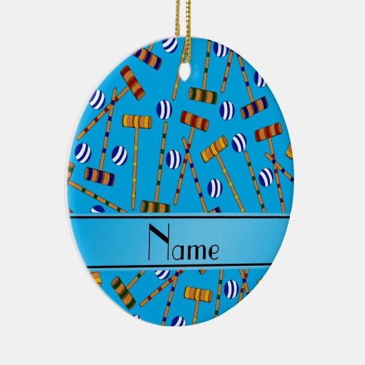 パーソナライズな一流のスカイブルーのcroquetパターン セラミックオーナメント (右)