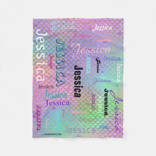 パーソナライズな一流のタイポグラフィの明るい人魚のスケール フリースブランケット (正面)