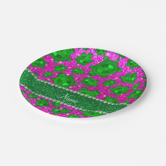 パーソナライズな一流のネオンピンクのグリッターのウミガメ ペーパープレート (アングル)