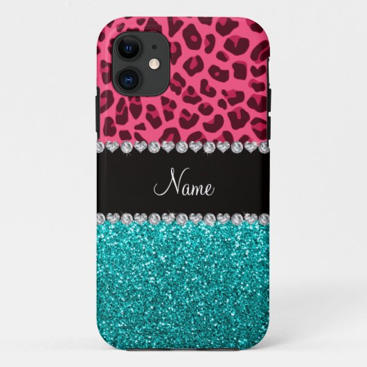 パーソナライズな一流のピンクのヒョウのターコイズのグリッター Case-Mate iPhoneケース (裏面)