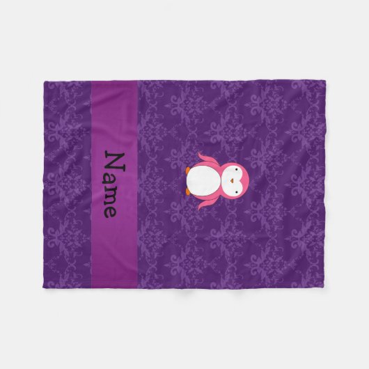 パーソナライズな一流のピンクのペンギンの紫色のダマスク織 フリースブランケット (正面(横))