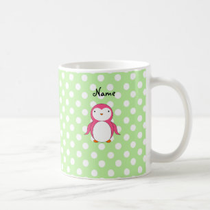 パーソナライズな一流のピンクのペンギンの緑の水玉模様 コーヒーマグカップ