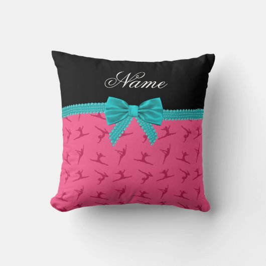 パーソナライズな一流のピンクの体操のターコイズの弓 クッション (正面)