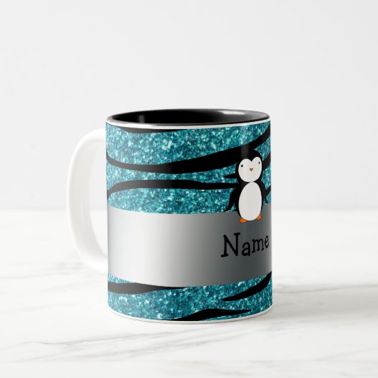 パーソナライズな一流のペンギンのターコイズのグリッターのシマウマ ツートーンマグカップ (正面左)