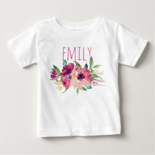 パーソナライズな一流の女の赤ちゃんの水彩画の花柄9 ベビーTシャツ