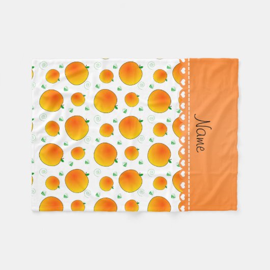 パーソナライズな一流の白いモモの緑の葉の渦巻 フリースブランケット (正面(横))