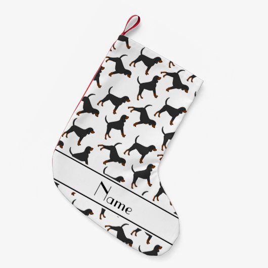 パーソナライズな一流の白い黒の日焼けのcoonhounds スモールクリスマスストッキング (正面 (吊り時))