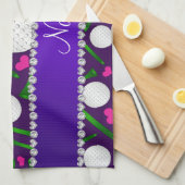 パーソナライズな一流の紫色のゴルフ・ボールのティーのハート キッチンタオル (四つ折り)