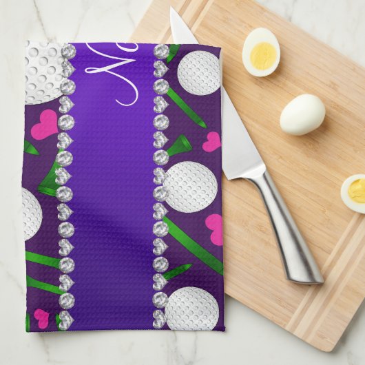 パーソナライズな一流の紫色のゴルフ・ボールのティーのハート キッチンタオル (四つ折り)