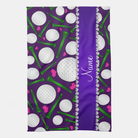 パーソナライズな一流の紫色のゴルフ・ボールのティーのハート キッチンタオル (縦)