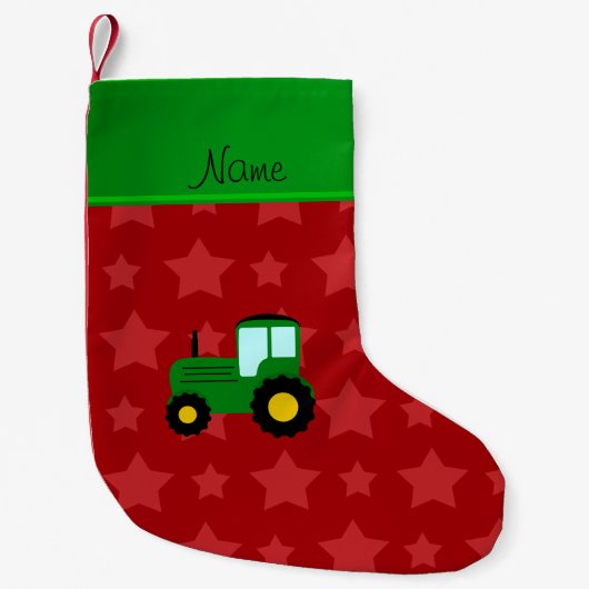 パーソナライズな一流の緑のトラクターの赤の星 スモールクリスマスストッキング (正面)