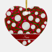 パーソナライズな一流の赤いゴルフ・ボールのティーのハート セラミックオーナメント (正面)