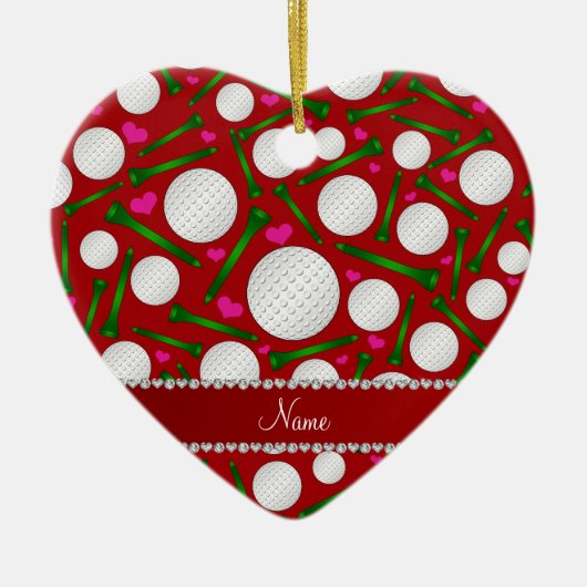 パーソナライズな一流の赤いゴルフ・ボールのティーのハート セラミックオーナメント (正面)