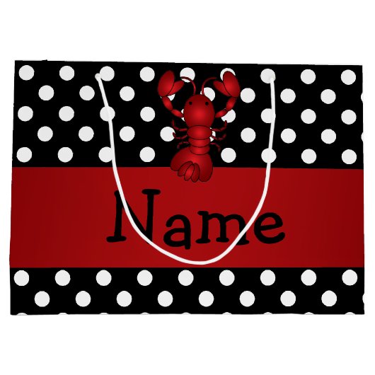 パーソナライズな一流の赤いロブスターの黒の水玉模様 ラージペーパーバッグ (裏面)