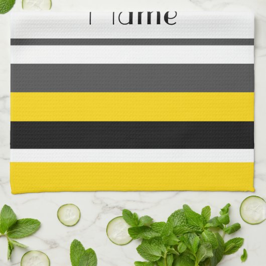 パーソナライズな一流の黄色く黒い灰色白のストライブ柄 キッチンタオル (折り畳み)