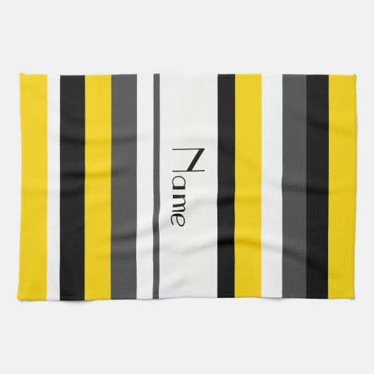 パーソナライズな一流の黄色く黒い灰色白のストライブ柄 キッチンタオル (横)