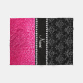 パーソナライズな一流の黒いダマスク織のピンクのグリッター フリースブランケット (正面(横))
