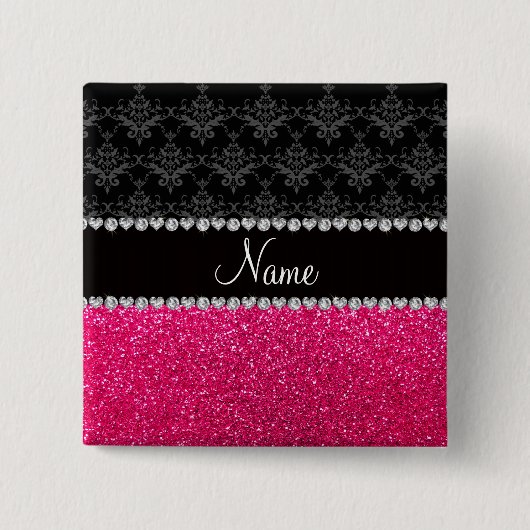 パーソナライズな一流の黒いダマスク織のピンクのグリッター 缶バッジ (正面)