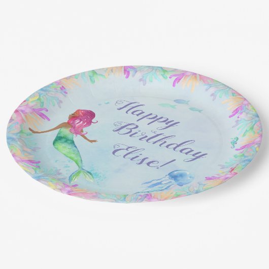 パーソナライズな人魚の水彩画の誕生会 ペーパープレート (アングル)