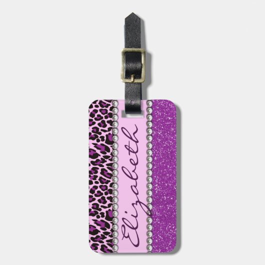 パーソナライズな住所紫色のヒョウのグリッター ラゲッジタグ (正面縦)