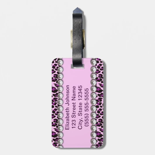 パーソナライズな住所紫色のヒョウのグリッター ラゲッジタグ (裏面縦)