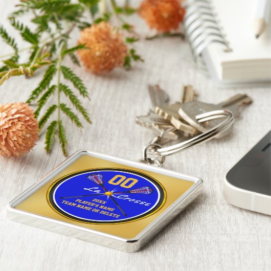 パーソナライズな先輩のための青い金ゴールドのラクロスのギフト キーホルダー (側面)