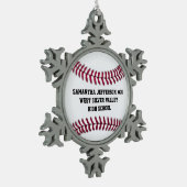 パーソナライズな円形の野球のスポーツ スノーフレークピューターオーナメント (左)