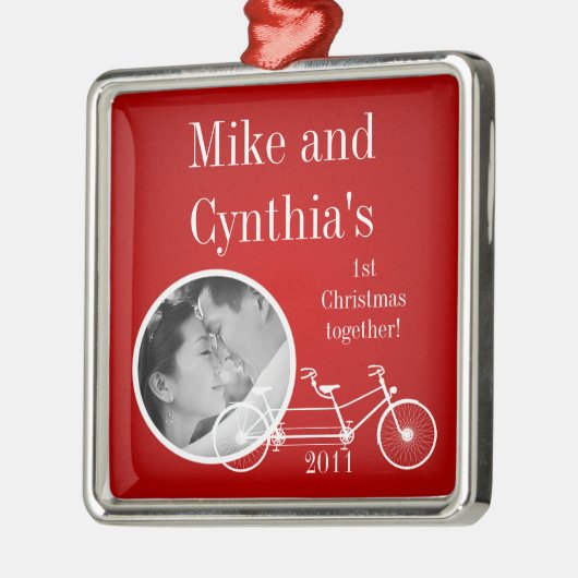 パーソナライズな写真のオーナメントの赤い二重バイク メタルオーナメント (左)
