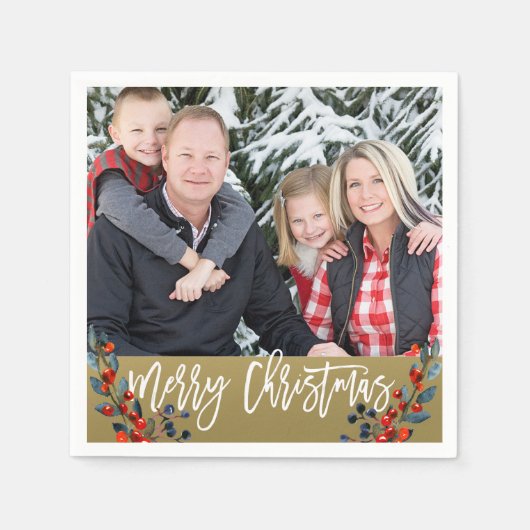 パーソナライズな写真のクリスマスの果実の休日のパーティ スタンダードカクテルナプキン (正面)