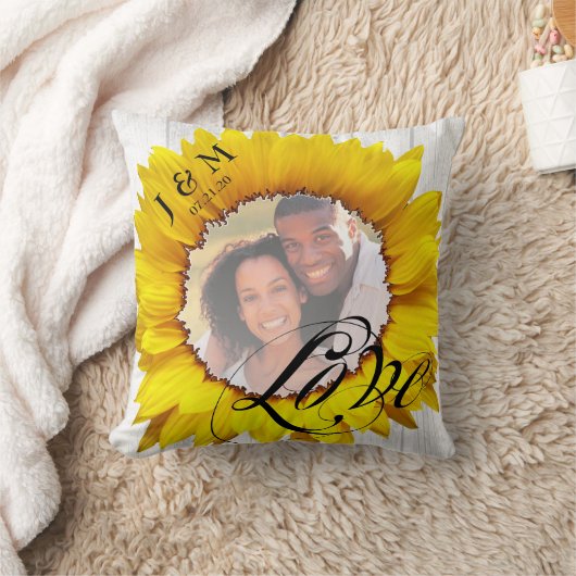 パーソナライズな写真のヒマワリの結婚式は日付を示します クッション (ブランケット)