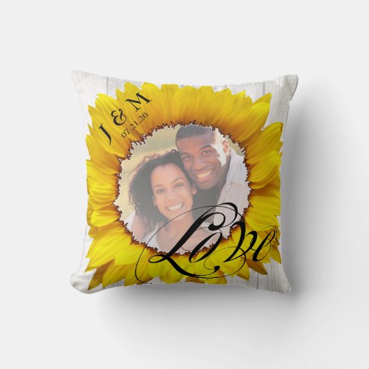 パーソナライズな写真のヒマワリの結婚式は日付を示します クッション (正面)