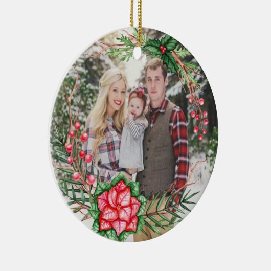 パーソナライズな写真の緑の草木のポインセチアのオーナメント セラミックオーナメント (右)