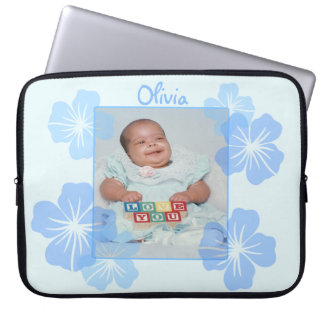 パーソナライズな写真の青の花柄 ラップトップスリーブ