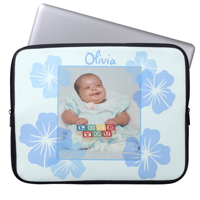 パーソナライズな写真の青の花柄 ラップトップスリーブ (正面)