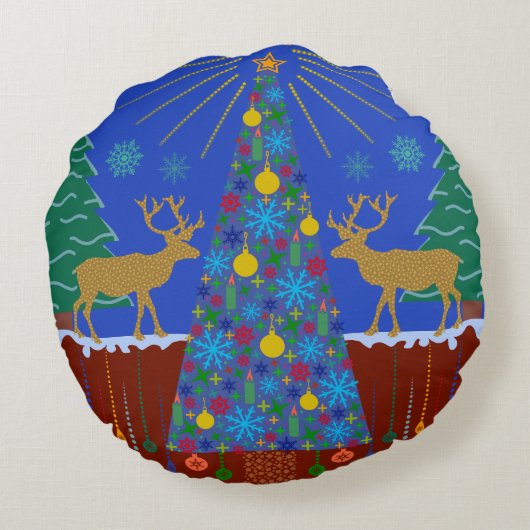 パーソナライズな冬のトナカイのクリスマスツリー場面 ラウンドクッション (裏面)