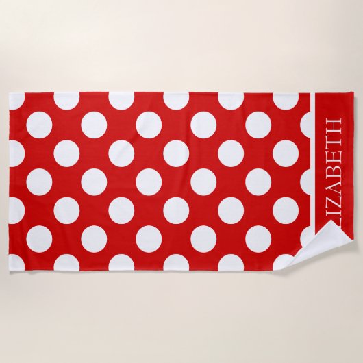 パーソナライズな夏の赤と白の水玉模様 ビーチタオル (正面)