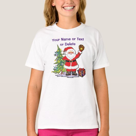 パーソナライズな女の子のサンタのクリスマスのソフトボールのワイシャツ Tシャツ (正面)