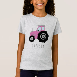 パーソナライズな女の子のピンクの農家のトラクターおよび名前 Tシャツ