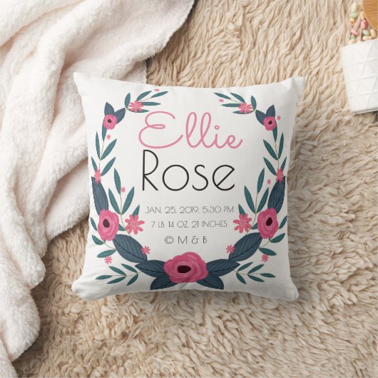 パーソナライズな女の赤ちゃんのリースの誕生の記録Stats クッション (ブランケット)