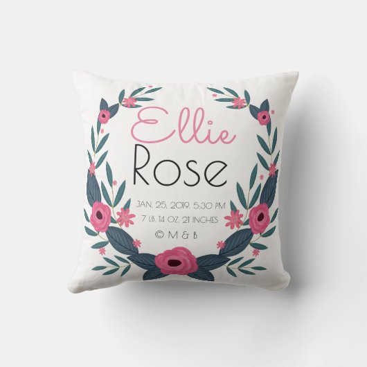 パーソナライズな女の赤ちゃんのリースの誕生の記録Stats クッション (裏面)