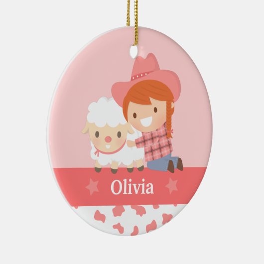 パーソナライズな子ヒツジの女の子を持つかわいく幸せな女性のカーボーイ セラミックオーナメント (右)