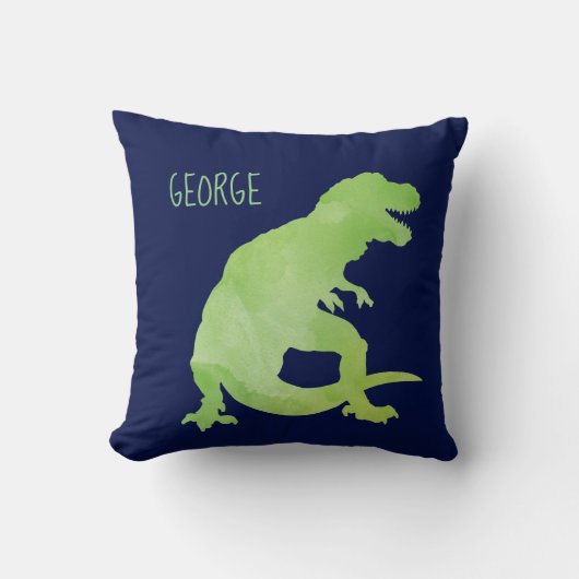 パーソナライズな子供の恐竜の青緑の水彩画 クッション (正面)