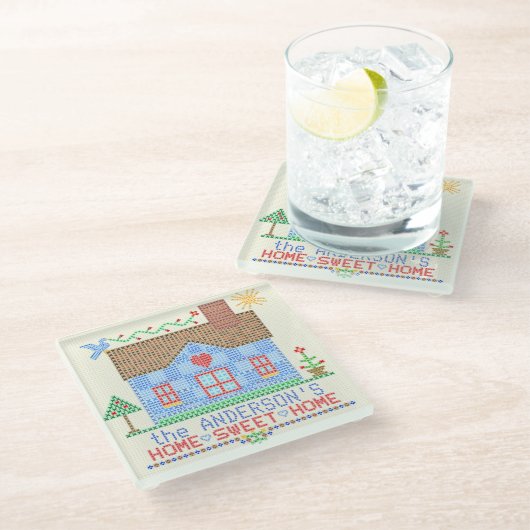 パーソナライズな家の甘い家の十字のステッチの家 ガラスコースター (アングル)