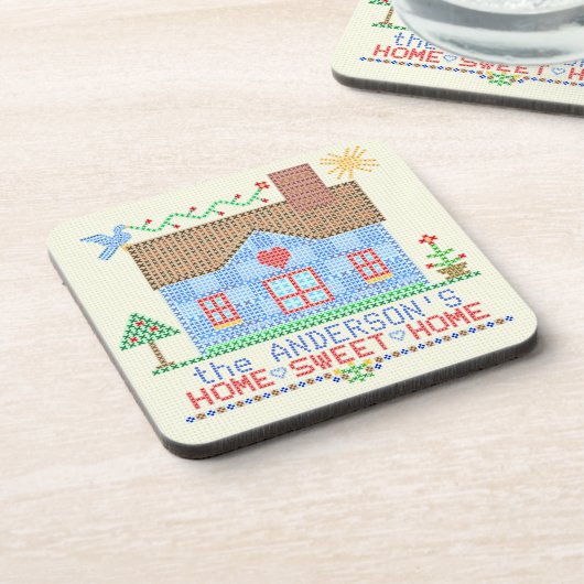 パーソナライズな家の甘い家の十字のステッチの家 コースター (左側)