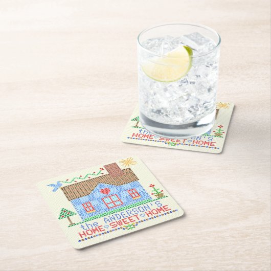 パーソナライズな家の甘い家の十字のステッチの家 スクエアペーパーコースター (インサイチュ)